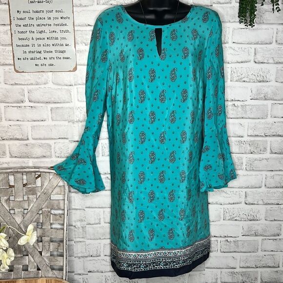 Juicy Couture 100% Silk Long Bell Sleeve Paisley Print Dress Size 6 Boho Hippie - Picture 12 of 12